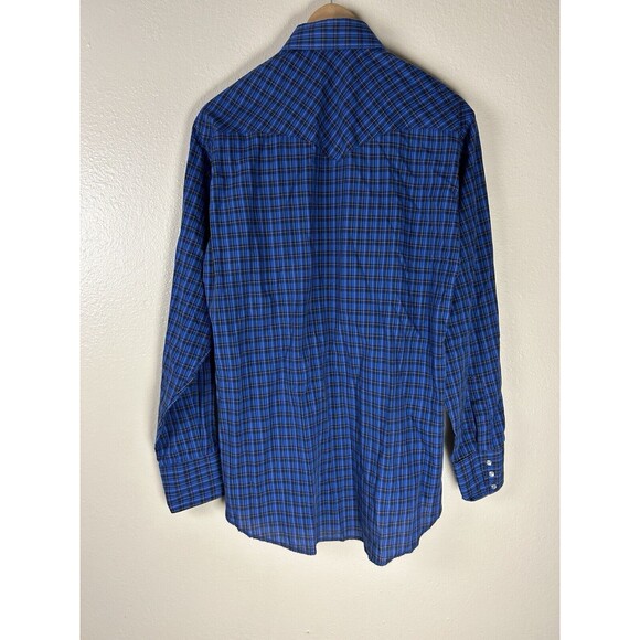 Wrangler Vintage M Western Shirt Pearl Snap Plaid Blue Long Sleeve Button Up - Picture 2 of 3